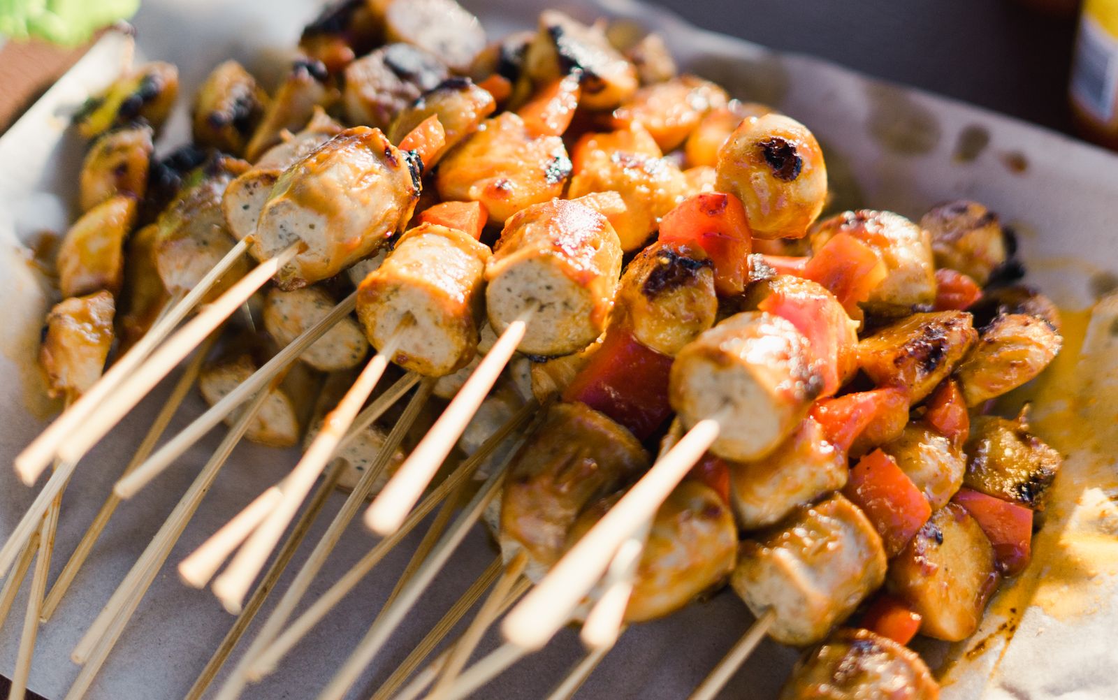 Skewers of grilled street food fresh off the fire